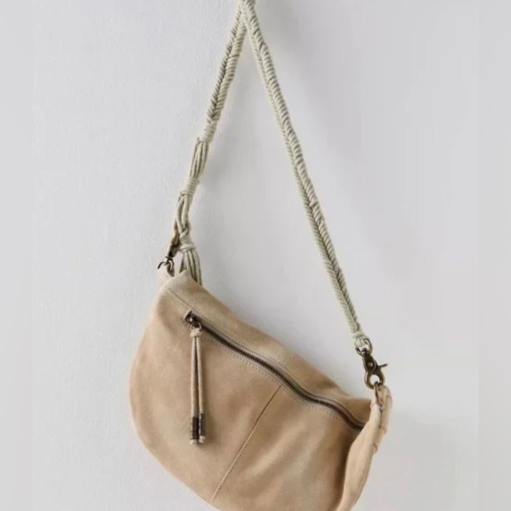 Free People Beige Suede Crescent Crossbody Bag with Braided Strap - Picture 2 of 4